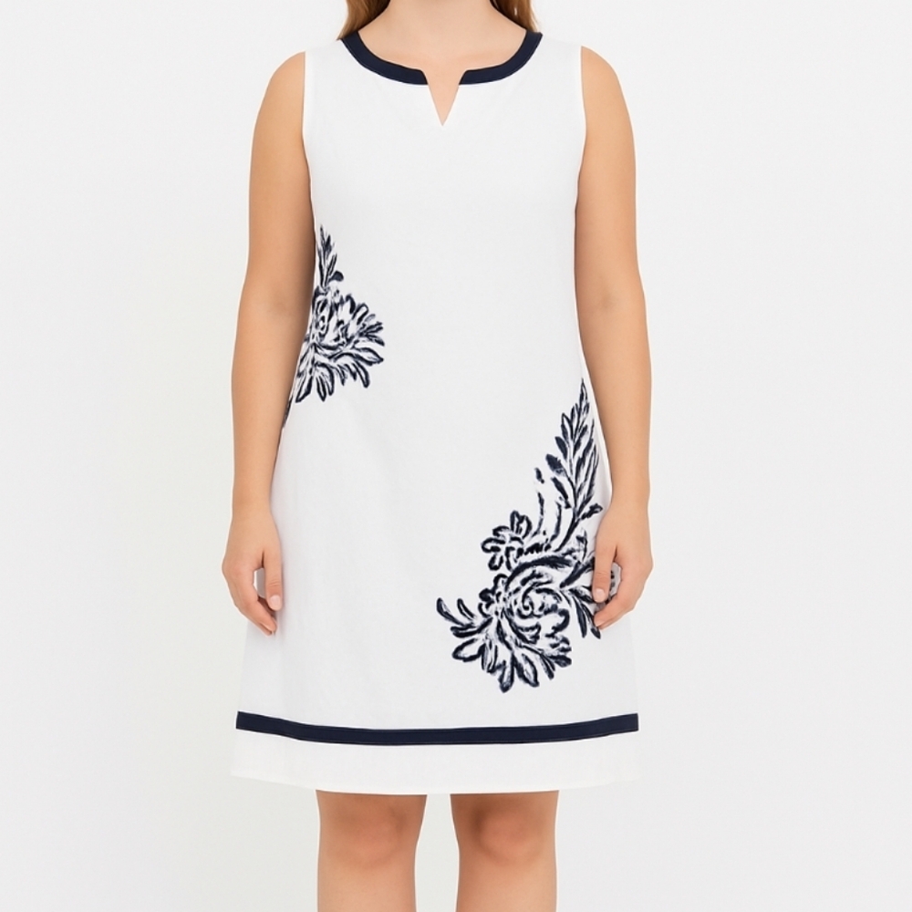 Sweet‎ Miss XL White Navy Linen Blend Shift Dress Knee Length Sleeveless Lined